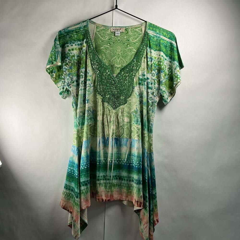 One World Women's Green Paisley Floral Embellished V-Neck Handkerchief Tunic Top